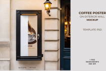 Coffee Poster on Exterior Wall Mockup PSD Screenshot 1